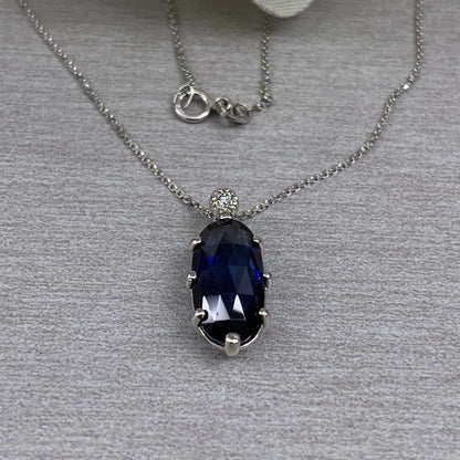 Elongated Oval Shaped Blue Sapphire Pendant Necklace 14K Solid Gold For Ladies, Rose Cut Blue Sapphire Pendant with Chain Mothers Day, #6754