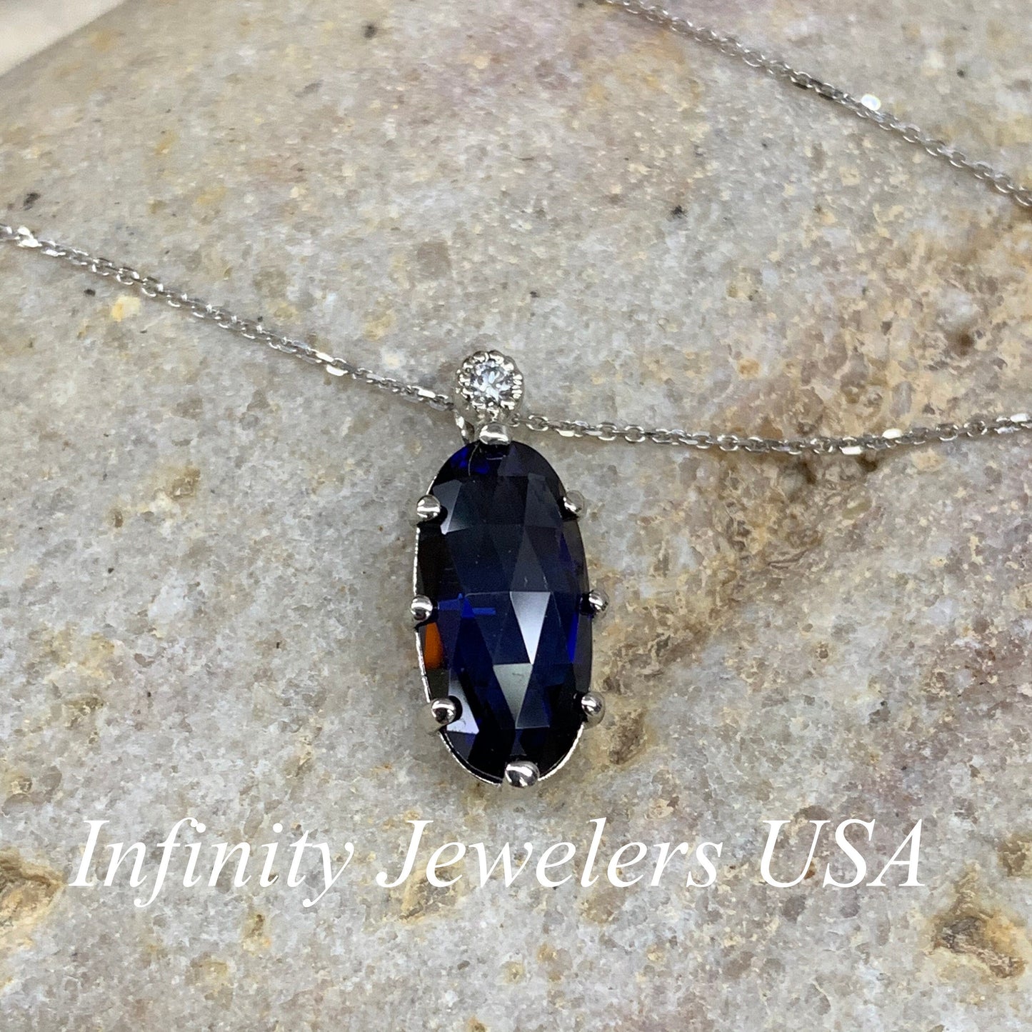 Elongated Oval Shaped Blue Sapphire Pendant Necklace 14K Solid Gold For Ladies, Rose Cut Blue Sapphire Pendant with Chain Mothers Day, #6754