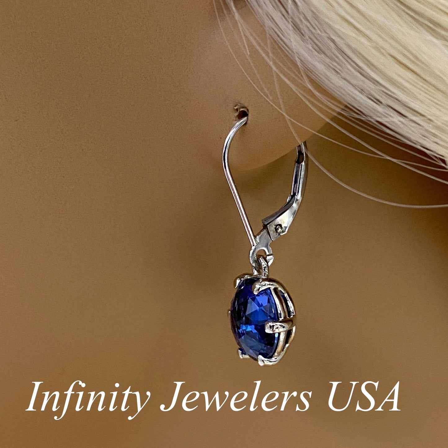 Sapphire Round Drop Earrings, Rose Cut Blue Sapphire Dangle Earrings, September Birthstone, 14K White Gold Leaver Backs #6774