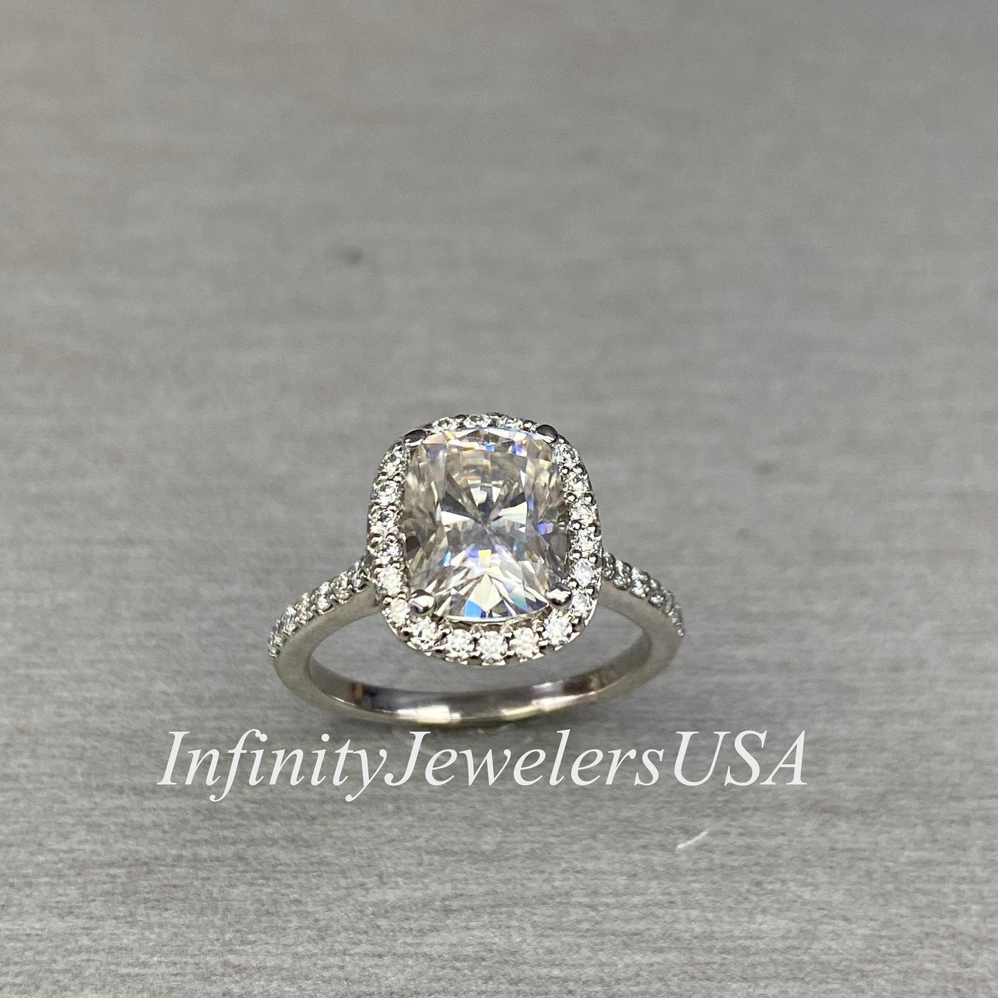 Elongated Cushion Cut Moissanite Engagement Ring 14k White Gold, Elongated Cushion Engagement Ring, Cushion Cut Halo Engagement Ring,  #6855