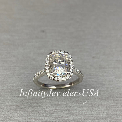 Elongated Cushion Cut Moissanite Engagement Ring 14k White Gold, Elongated Cushion Engagement Ring, Cushion Cut Halo Engagement Ring,  #6855