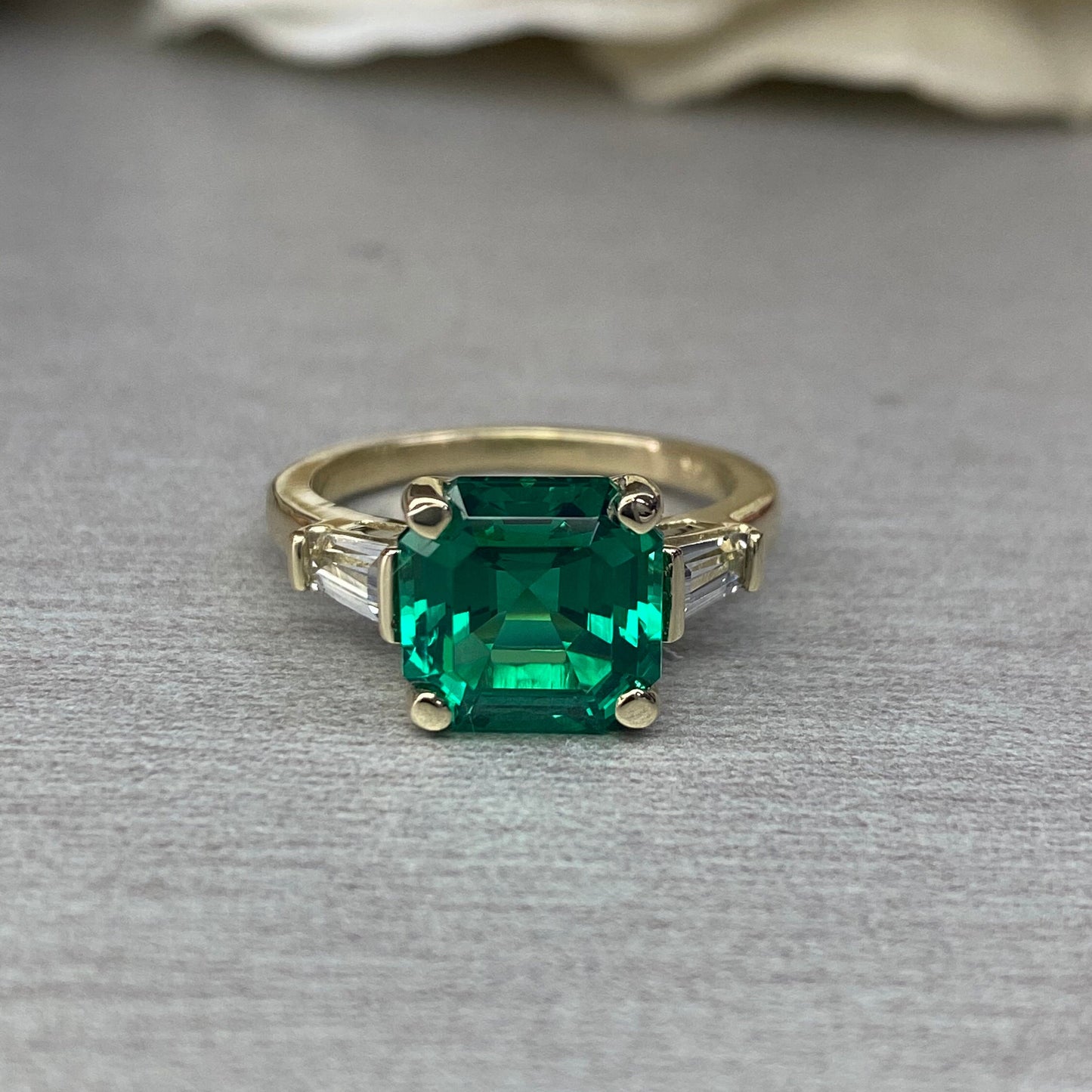 Emerald Engagement Rings Women, Solid White Gold Vintage Three Stone Asscher Cut Emerald Wedding Ring, Unique Gemstone Engagement Ring #6857