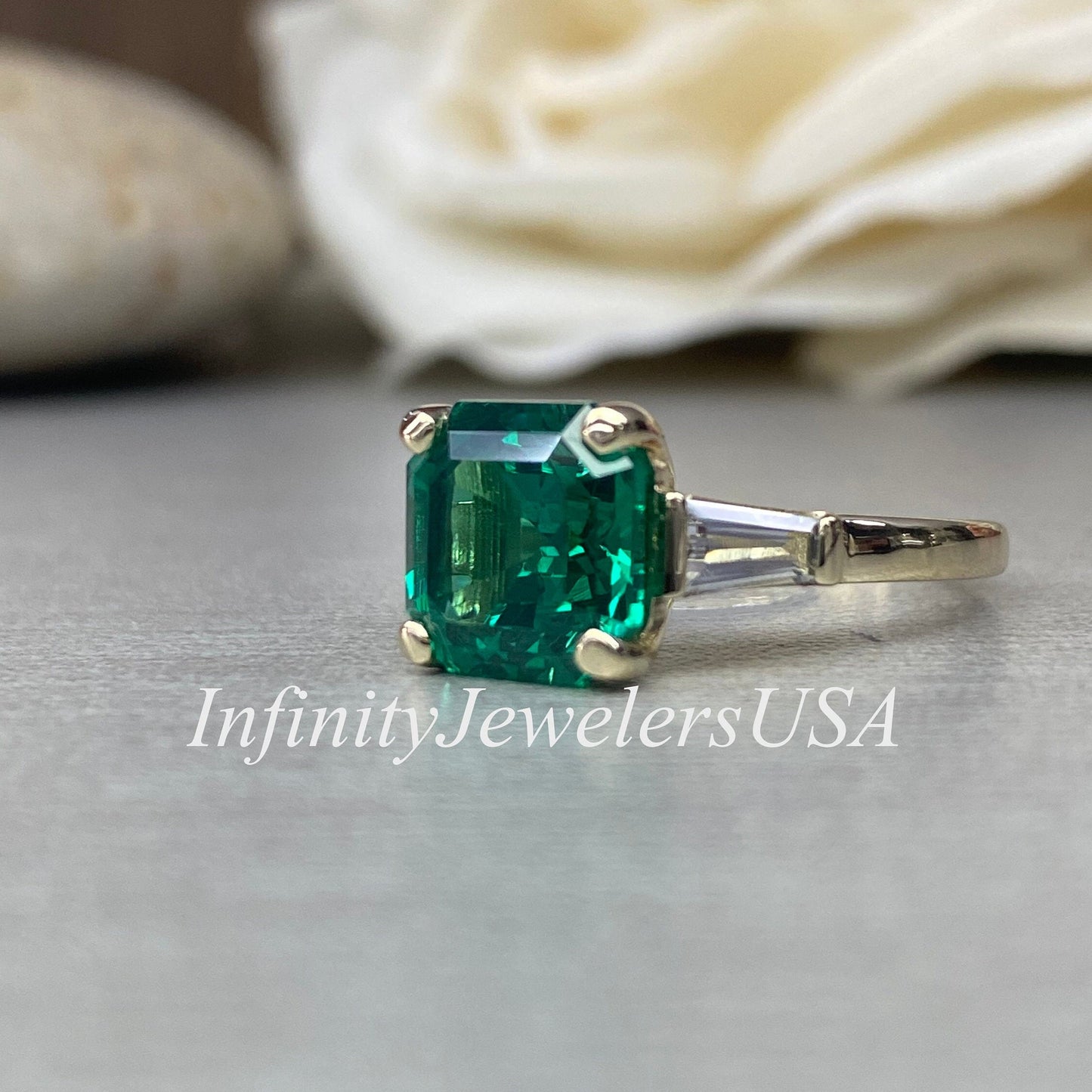 Emerald Engagement Rings Women, Solid White Gold Vintage Three Stone Asscher Cut Emerald Wedding Ring, Unique Gemstone Engagement Ring #6857