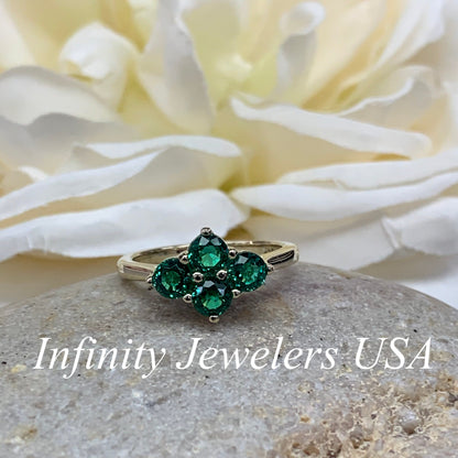 Emerald Ring 14k Yellow Gold, Round Cut Emerald Engagement Ring, Dainty Emerald Gold Ring, May Birthstone Ring,  Cluster Emerald Ring  #6787