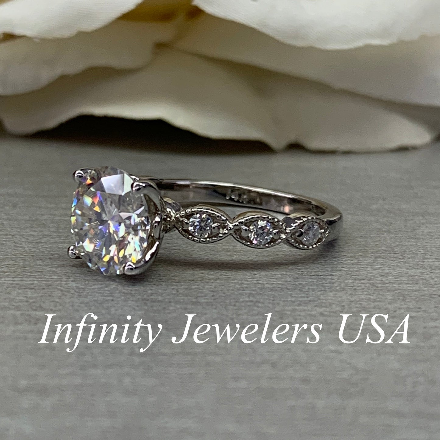 Round Moissanite Engagement Ring, Vintage Style Engagement Ring, Round Brilliant Engagement Ring, Wedding Ring, 14K White Gold #6890 #6891