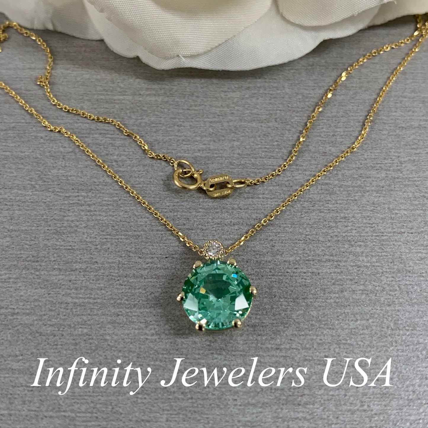 Solitaire Necklace, Round Green Paraiba  Pendant, Diamond Necklace, 14K Yellow Gold With 18" Cable Chain,  Infinity Jewelers USA #6892