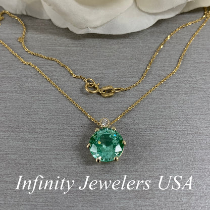 Solitaire Necklace, Round Green Paraiba  Pendant, Diamond Necklace, 14K Yellow Gold With 18" Cable Chain,  Infinity Jewelers USA #6892