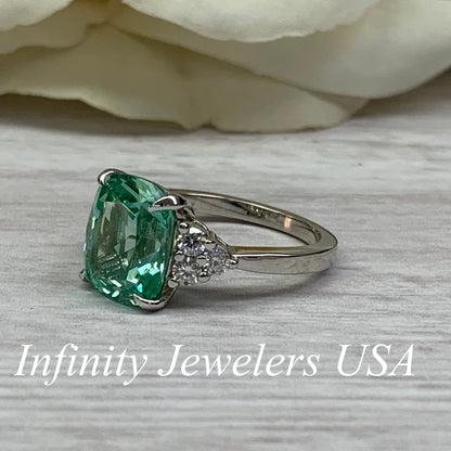 Elongated Cushion Engagement Ring, Green Stone Ladies Ring, Green Paraiba Ring, 14K White Gold #6899