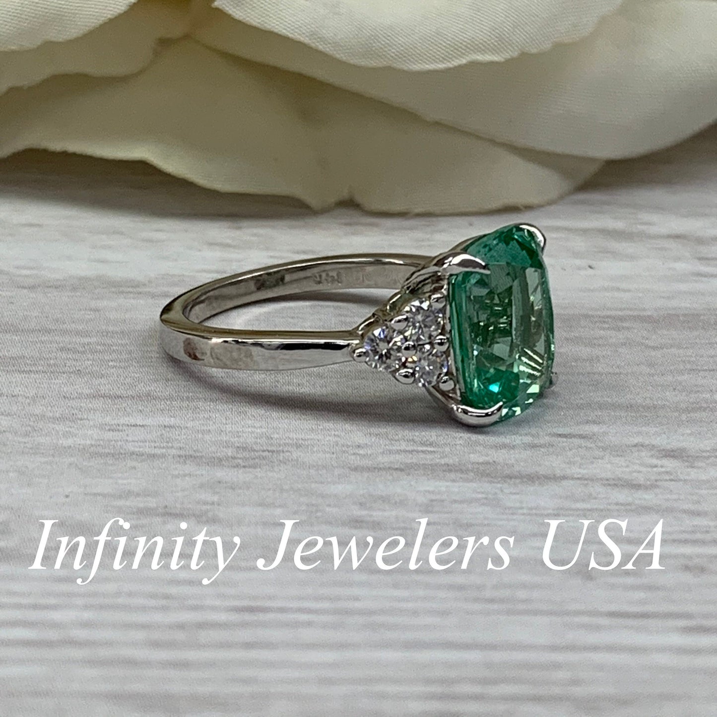 Elongated Cushion Engagement Ring, Green Stone Ladies Ring, Green Paraiba Ring, 14K White Gold #6899