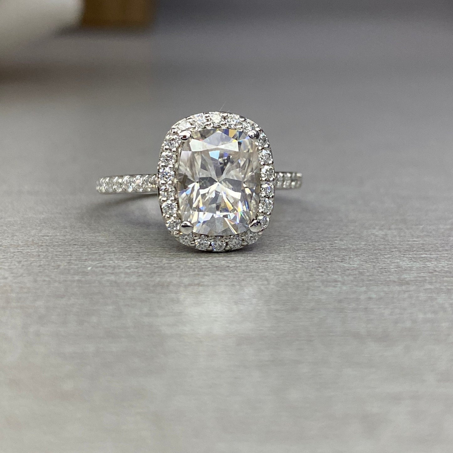 Elongated Cushion Cut Moissanite Engagement Ring 14k White Gold, Elongated Cushion Engagement Ring, Cushion Cut Halo Engagement Ring,  #6855