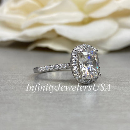 Elongated Cushion Cut Moissanite Engagement Ring 14k White Gold, Elongated Cushion Engagement Ring, Cushion Cut Halo Engagement Ring,  #6855
