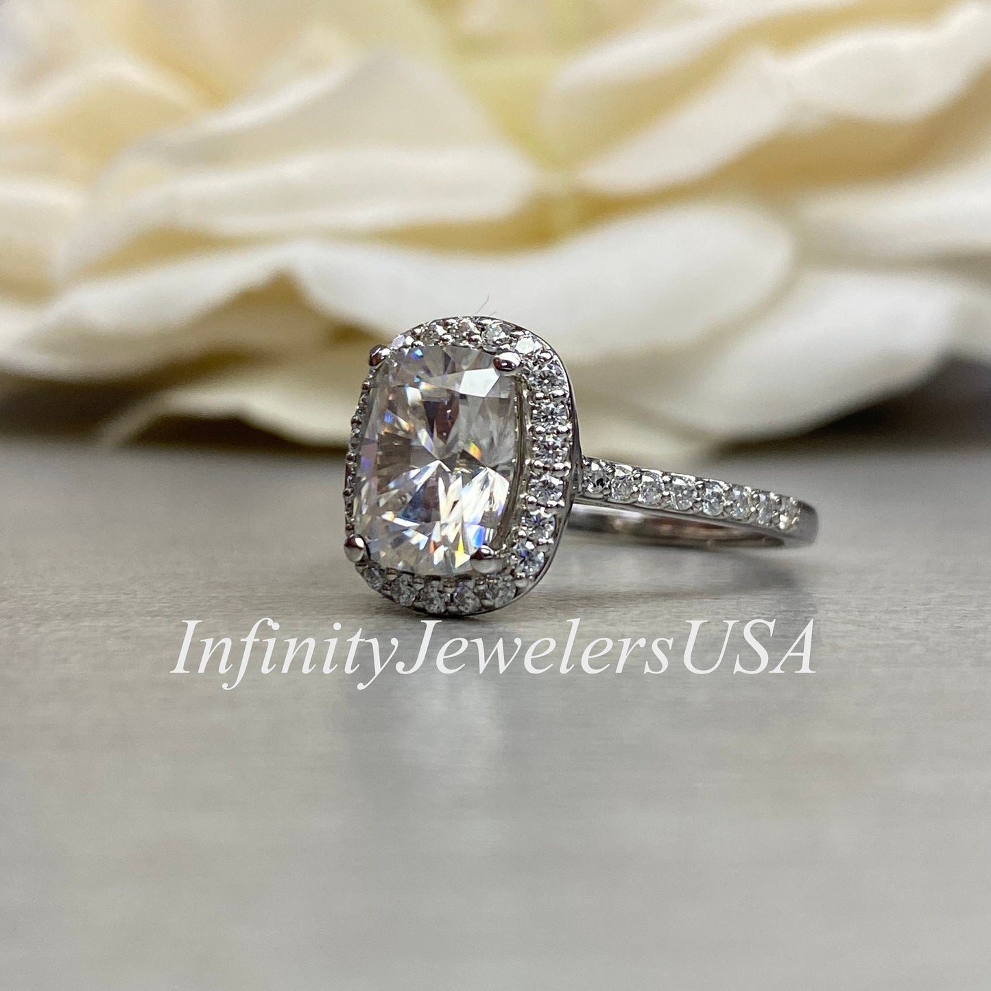 Elongated Cushion Cut Moissanite Engagement Ring 14k White Gold, Elongated Cushion Engagement Ring, Cushion Cut Halo Engagement Ring,  #6855