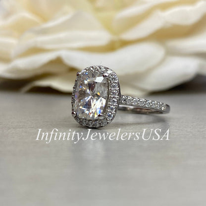 Elongated Cushion Cut Moissanite Engagement Ring 14k White Gold, Elongated Cushion Engagement Ring, Cushion Cut Halo Engagement Ring,  #6855