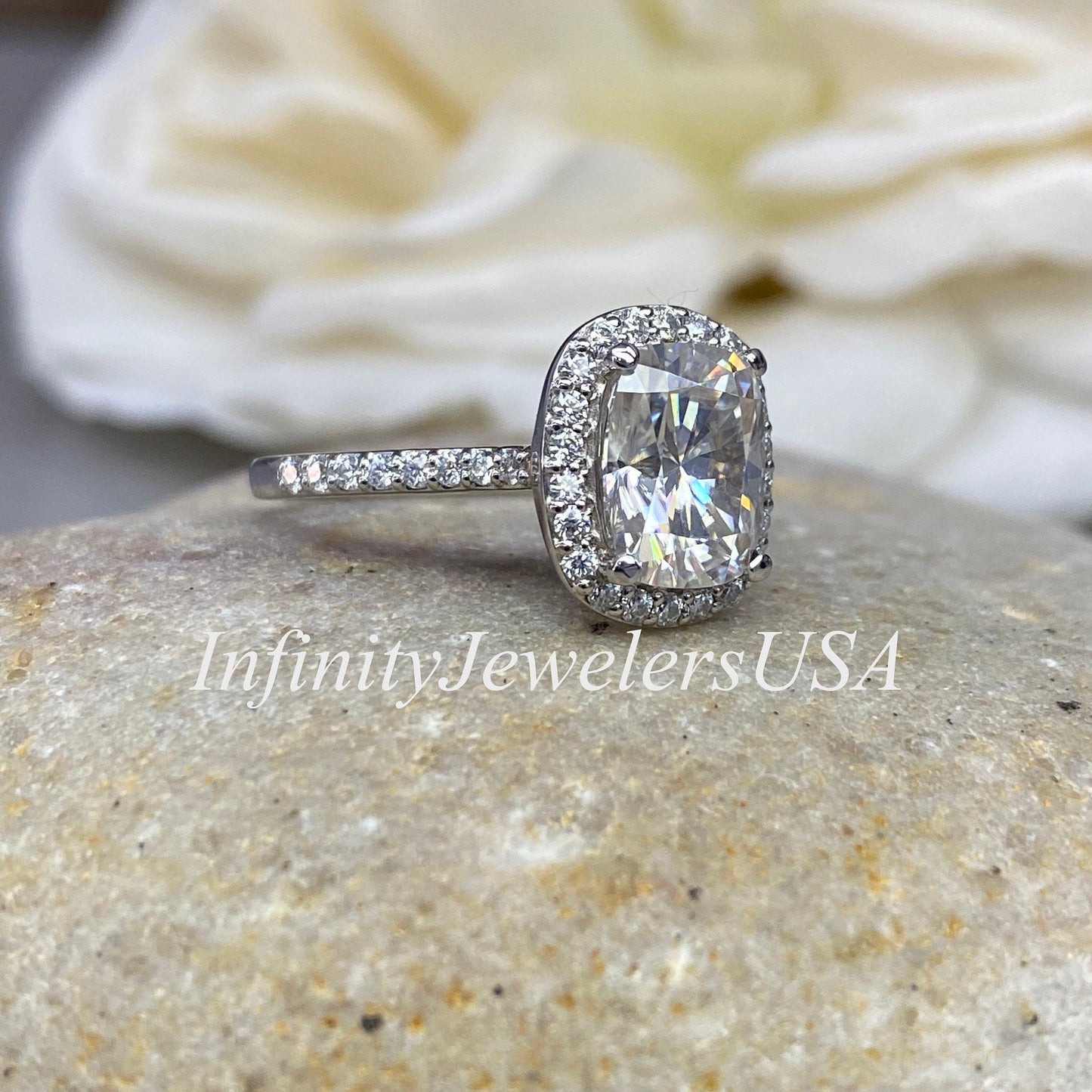 Elongated Cushion Cut Moissanite Engagement Ring 14k White Gold, Elongated Cushion Engagement Ring, Cushion Cut Halo Engagement Ring,  #6855