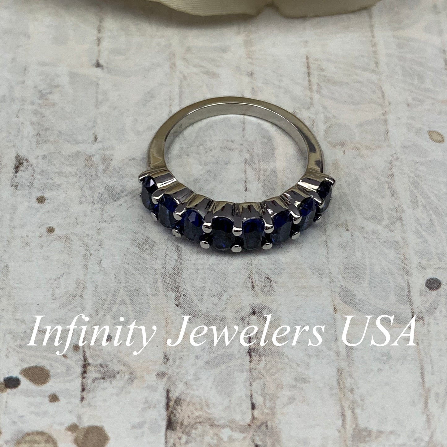 Oval Sapphire Wedding Band, Stackable Band, Oval Sapphire Ring, Anniversary Band, September Birthstone Ring, 14K White Gold #6924