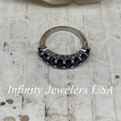 Oval Sapphire Wedding Band, Stackable Band, Oval Sapphire Ring, Anniversary Band, September Birthstone Ring, 14K White Gold #6924