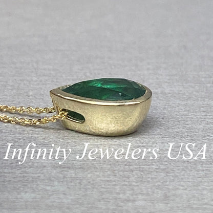 Bezel Set Pear Shape Emerald Pendant Necklace 14k Yellow Gold, May Birthstone Pendant, Simple Pear Pendant Necklace, Teardrop Necklace