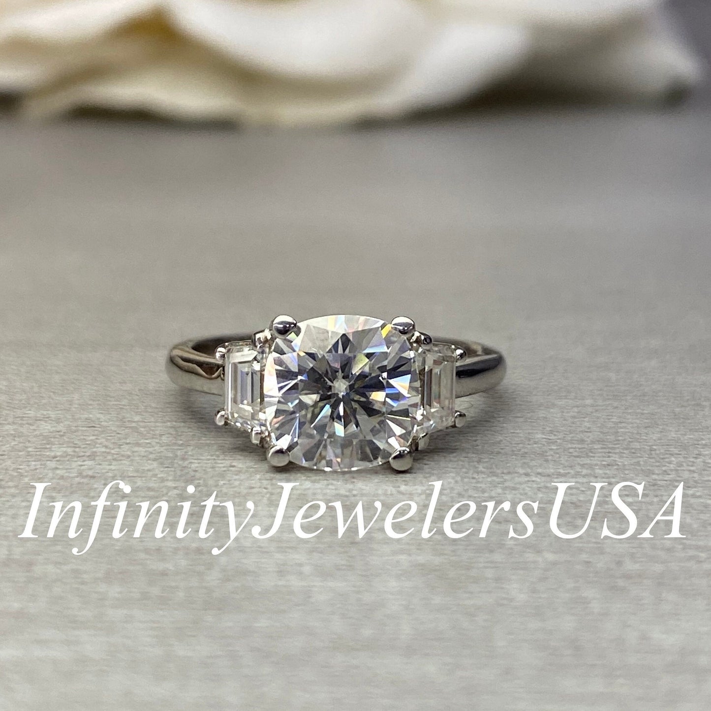 Cushion Cut Moissanite Engagement Ring 14k Solid White Gold, Three Stone Cushion Cut Engagement Ring, Cushion Cut Unique Women's Ring, #6235