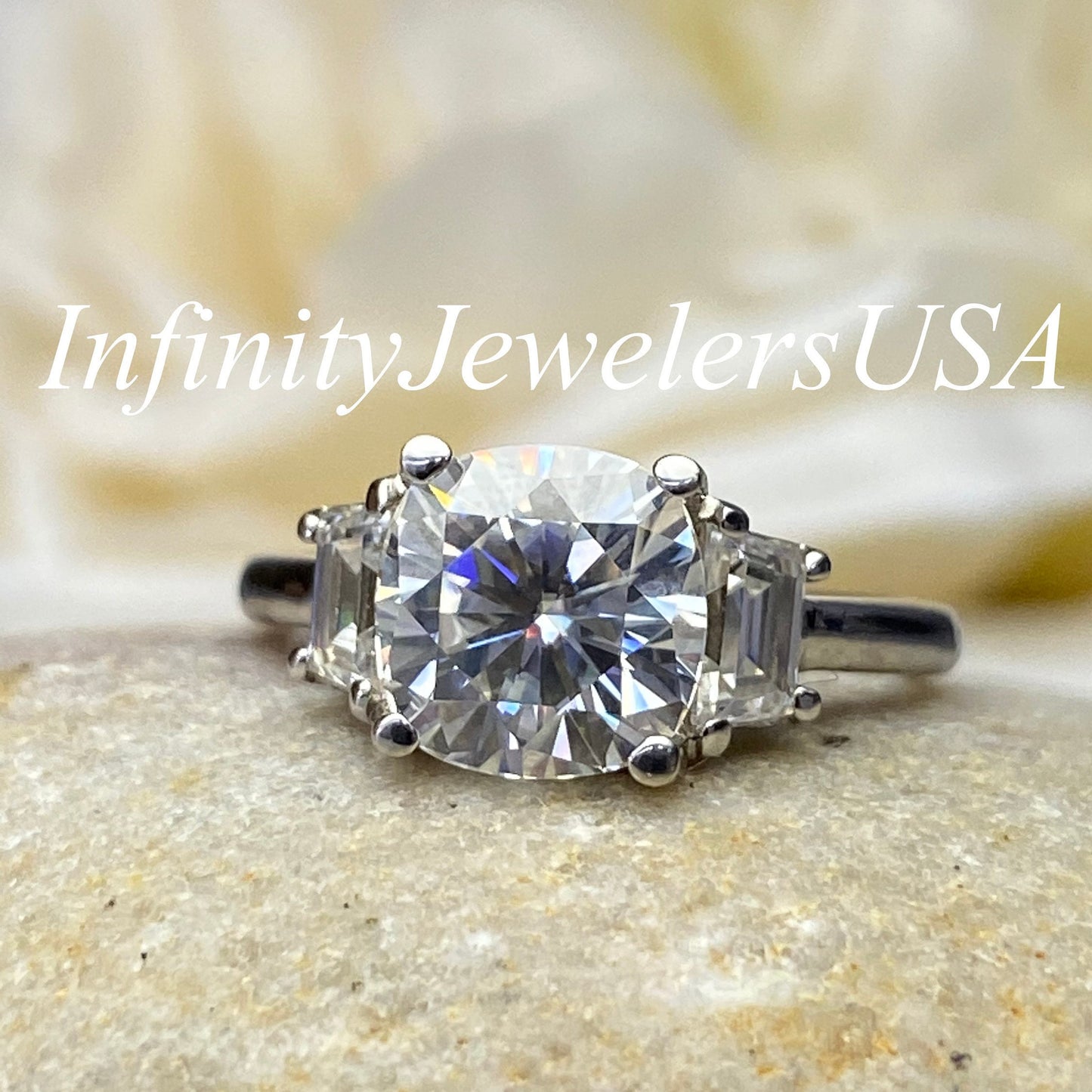 Cushion Cut Moissanite Engagement Ring 14k Solid White Gold, Three Stone Cushion Cut Engagement Ring, Cushion Cut Unique Women's Ring, #6235