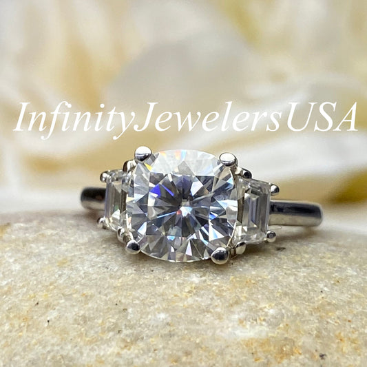 Cushion Cut Moissanite Engagement Ring 14k Solid White Gold, Three Stone Cushion Cut Engagement Ring, Cushion Cut Unique Women's Ring, #6235