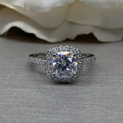Moissanite Engagement Ring Cushion Cut 14K White Gold, Halo Engagement Ring, Cushion Cut Halo Moissanite Engagement Ring For Ladies, #6886