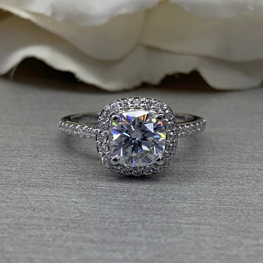 Moissanite Engagement Ring Cushion Cut 14K White Gold, Halo Engagement Ring, Cushion Cut Halo Moissanite Engagement Ring For Ladies, #6886