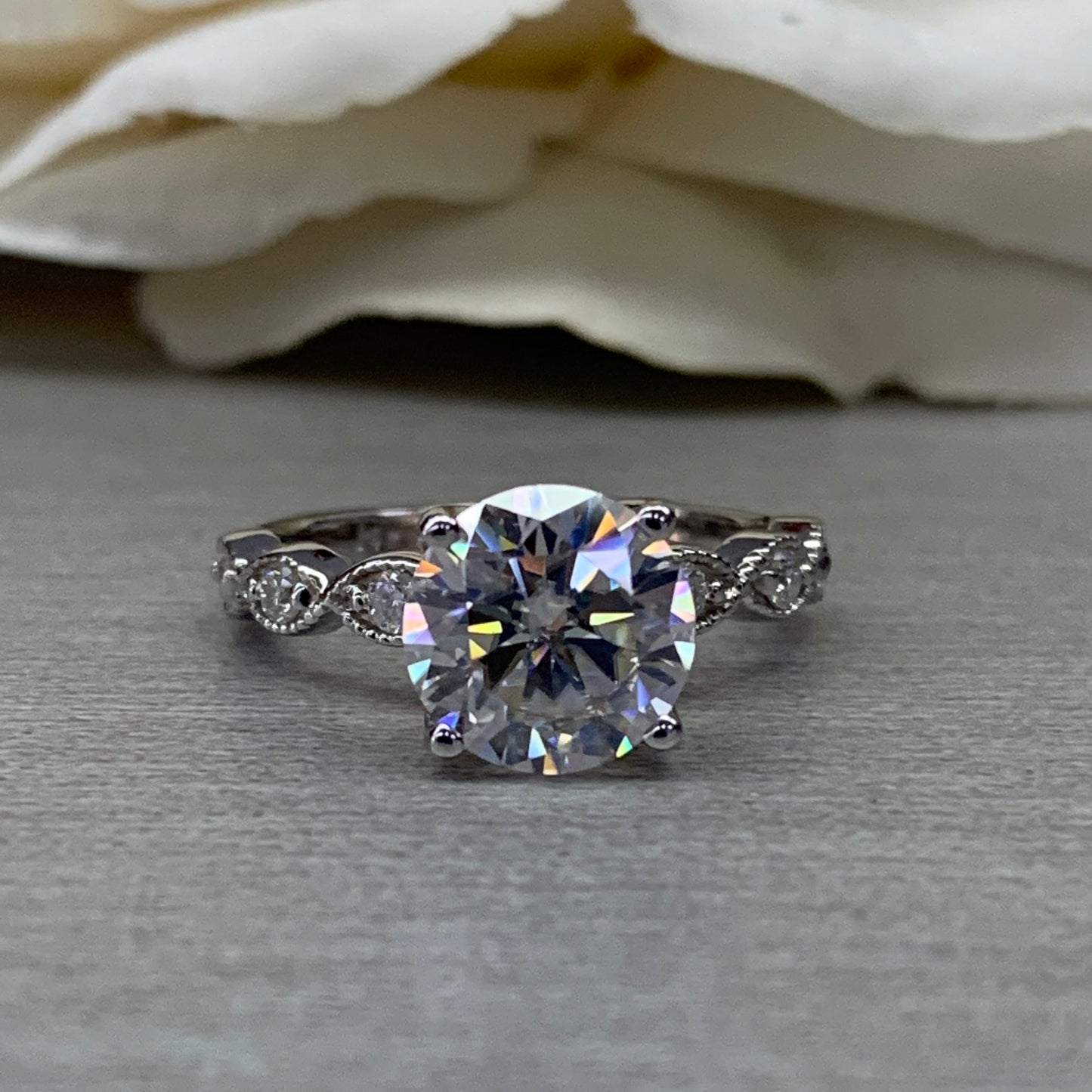 Round Moissanite Engagement Ring, Vintage Style Engagement Ring, Round Brilliant Engagement Ring, Wedding Ring, 14K White Gold #6890 #6891