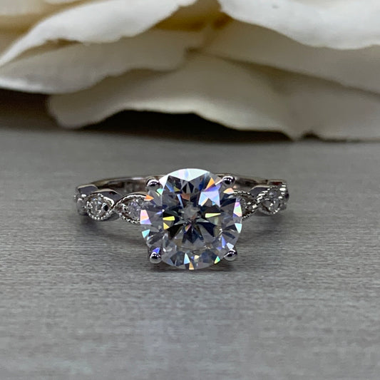 Round Moissanite Engagement Ring, Vintage Style Engagement Ring, Round Brilliant Engagement Ring, Wedding Ring, 14K White Gold #6890 #6891