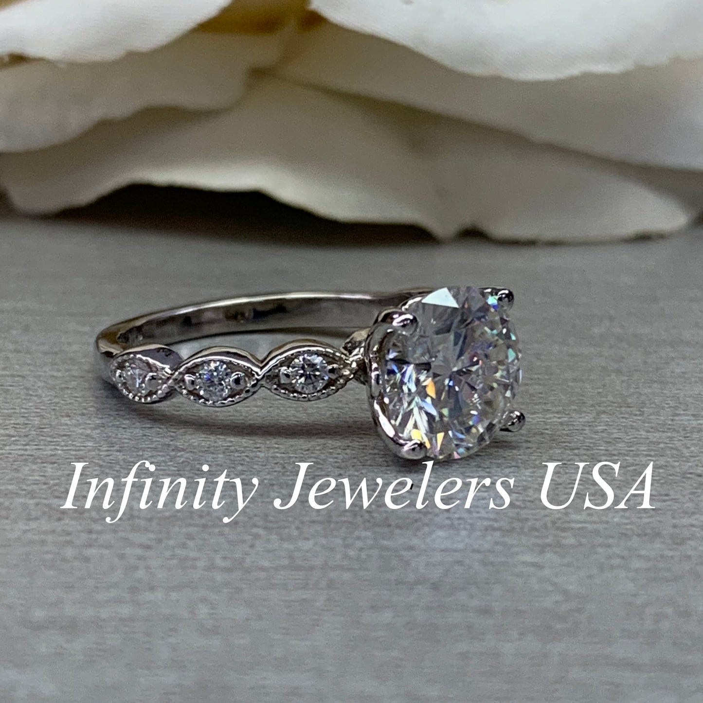 Round Moissanite Engagement Ring, Vintage Style Engagement Ring, Round Brilliant Engagement Ring, Wedding Ring, 14K White Gold #6890 #6891