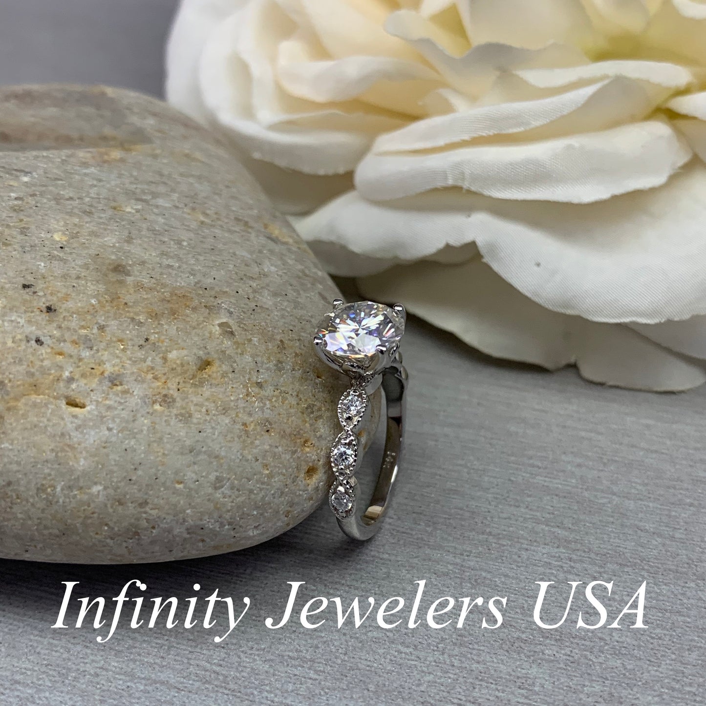 Round Moissanite Engagement Ring, Vintage Style Engagement Ring, Round Brilliant Engagement Ring, Wedding Ring, 14K White Gold #6890 #6891