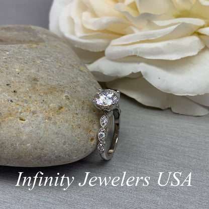 Round Moissanite Engagement Ring, Vintage Style Engagement Ring, Round Brilliant Engagement Ring, Wedding Ring, 14K White Gold #6890 #6891