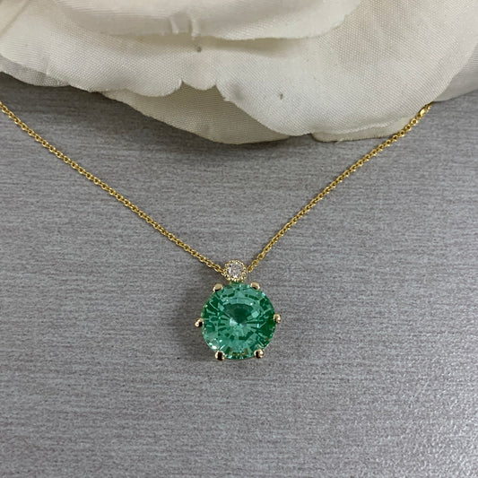 Solitaire Necklace, Round Green Paraiba  Pendant, Diamond Necklace, 14K Yellow Gold With 18" Cable Chain,  Infinity Jewelers USA #6892