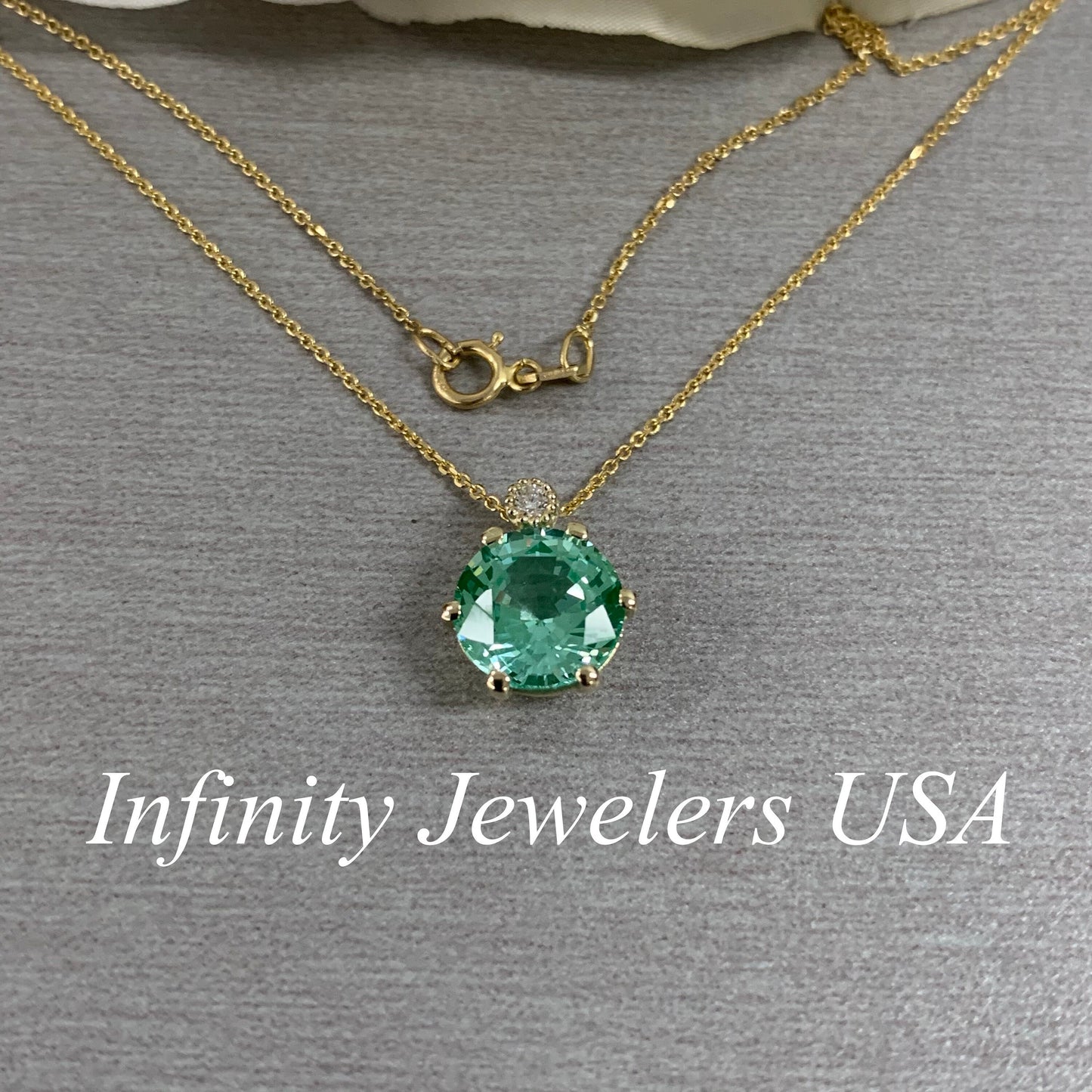 Solitaire Necklace, Round Green Paraiba  Pendant, Diamond Necklace, 14K Yellow Gold With 18" Cable Chain,  Infinity Jewelers USA #6892
