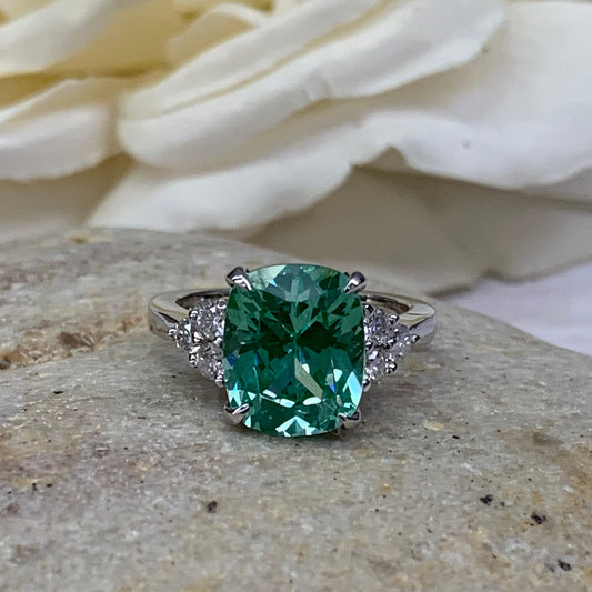 Elongated Cushion Engagement Ring, Green Stone Ladies Ring, Green Paraiba Ring, 14K White Gold #6899