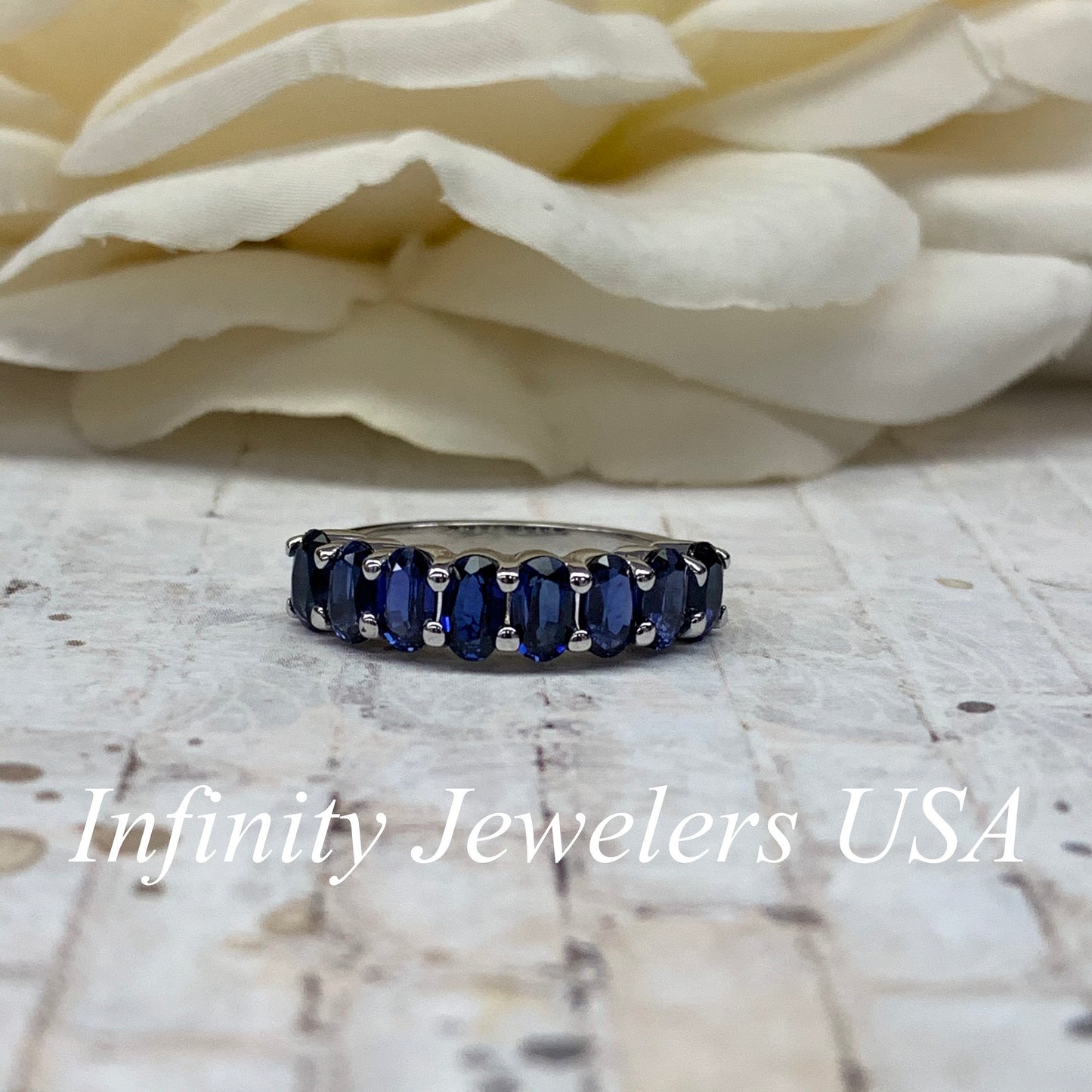 Oval Sapphire Wedding Band, Stackable Band, Oval Sapphire Ring, Anniversary Band, September Birthstone Ring, 14K White Gold #6924