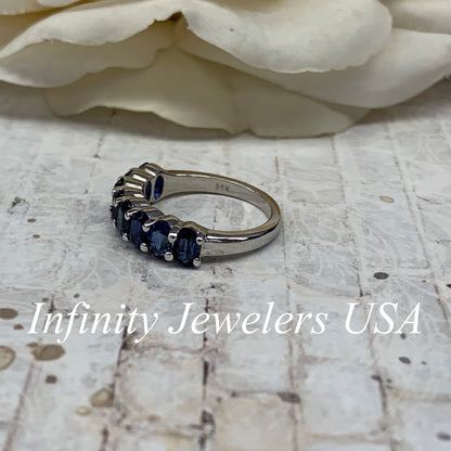 Oval Sapphire Wedding Band, Stackable Band, Oval Sapphire Ring, Anniversary Band, September Birthstone Ring, 14K White Gold #6924