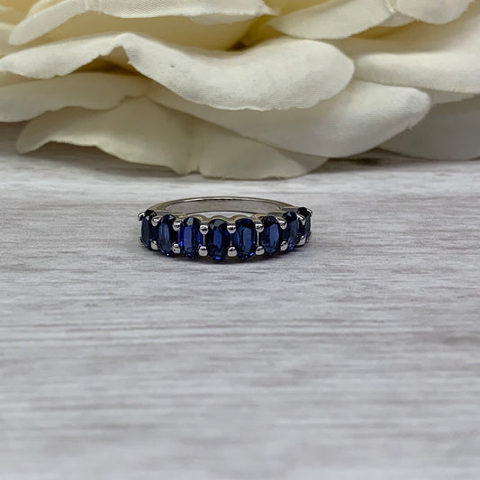 Oval Sapphire Wedding Band, Stackable Band, Oval Sapphire Ring, Anniversary Band, September Birthstone Ring, 14K White Gold #6924