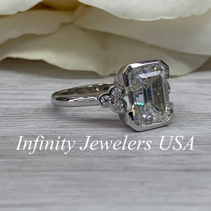 Moissanite Emerald Cut Engagement Ring, Bezel Set Engagement Ring, 14K White Gold Ring #6973 #6972