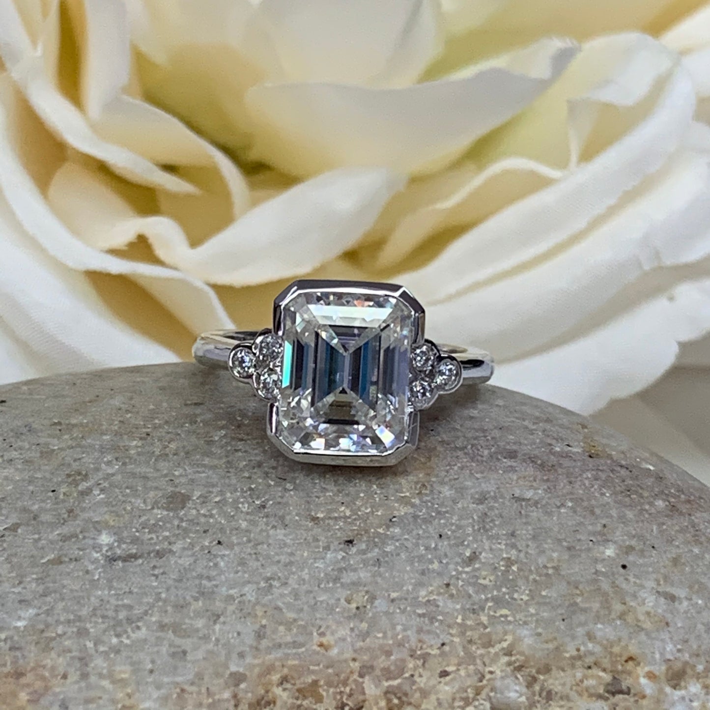 Moissanite Emerald Cut Engagement Ring, Bezel Set Engagement Ring, 14K White Gold Ring #6973 #6972