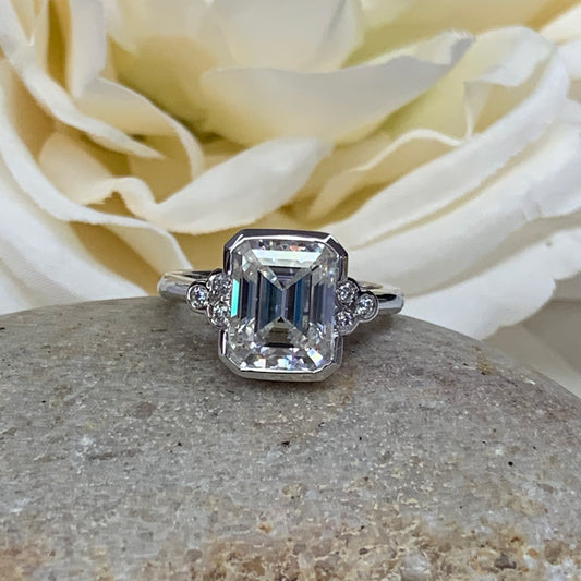 Moissanite Emerald Cut Engagement Ring, Bezel Set Engagement Ring, 14K White Gold Ring #6973 #6972