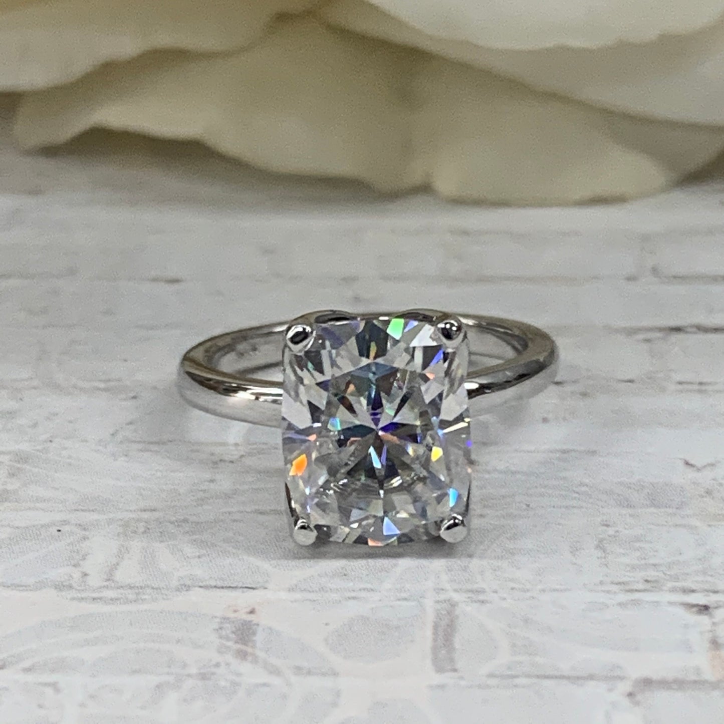 Elongated Cushion Cut Moissanite Solitaire Engagement Ring In  14k White Gold #6828