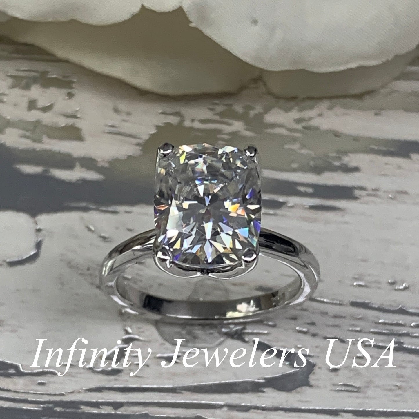 Elongated Cushion Cut Moissanite Solitaire Engagement Ring In  14k White Gold #6828