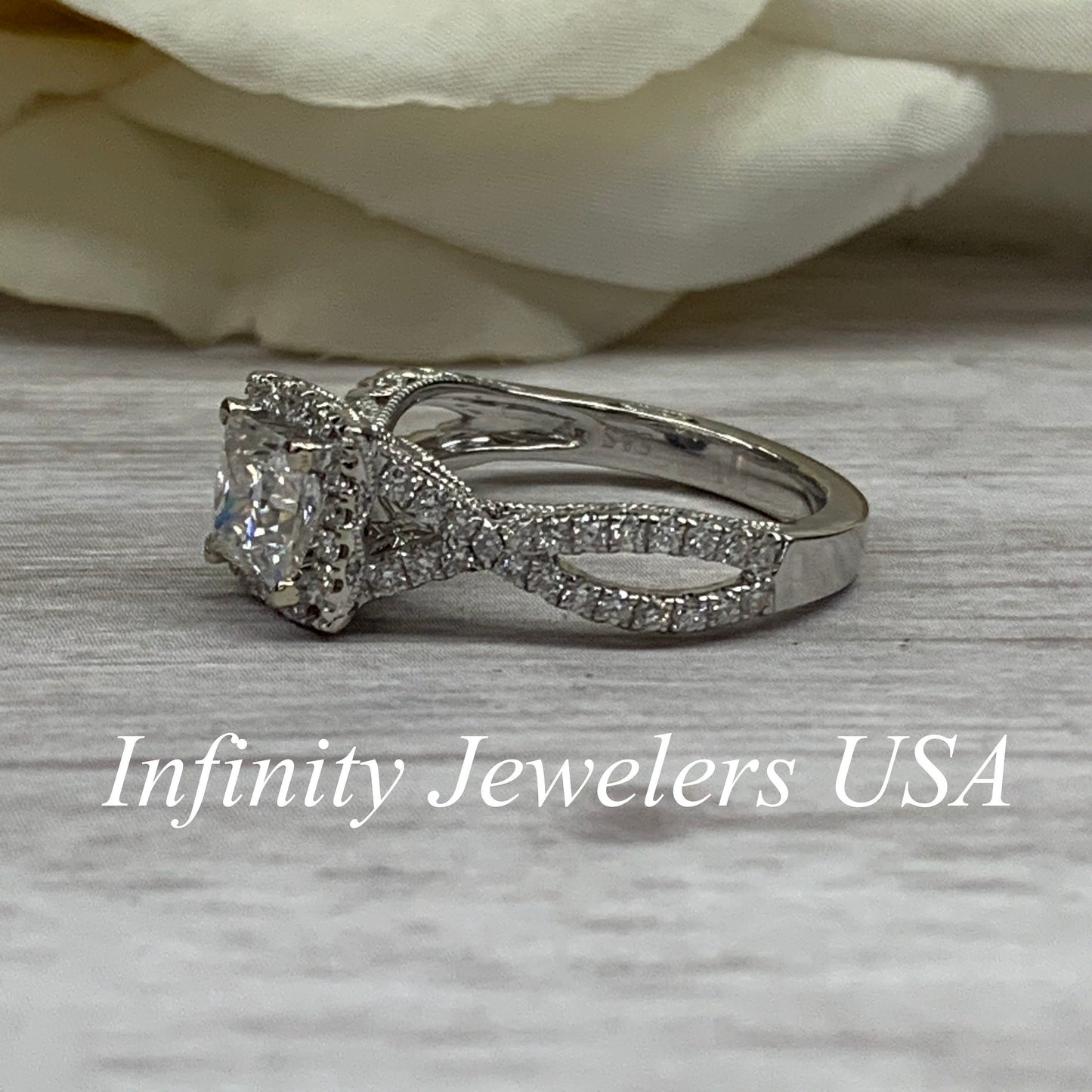 Moissanite Princess Cut Engagement Ring 14k Solid White Gold, Diamond Infinity Band, Vintage Moissanite And Diamond Halo Wedding Ring #6997
