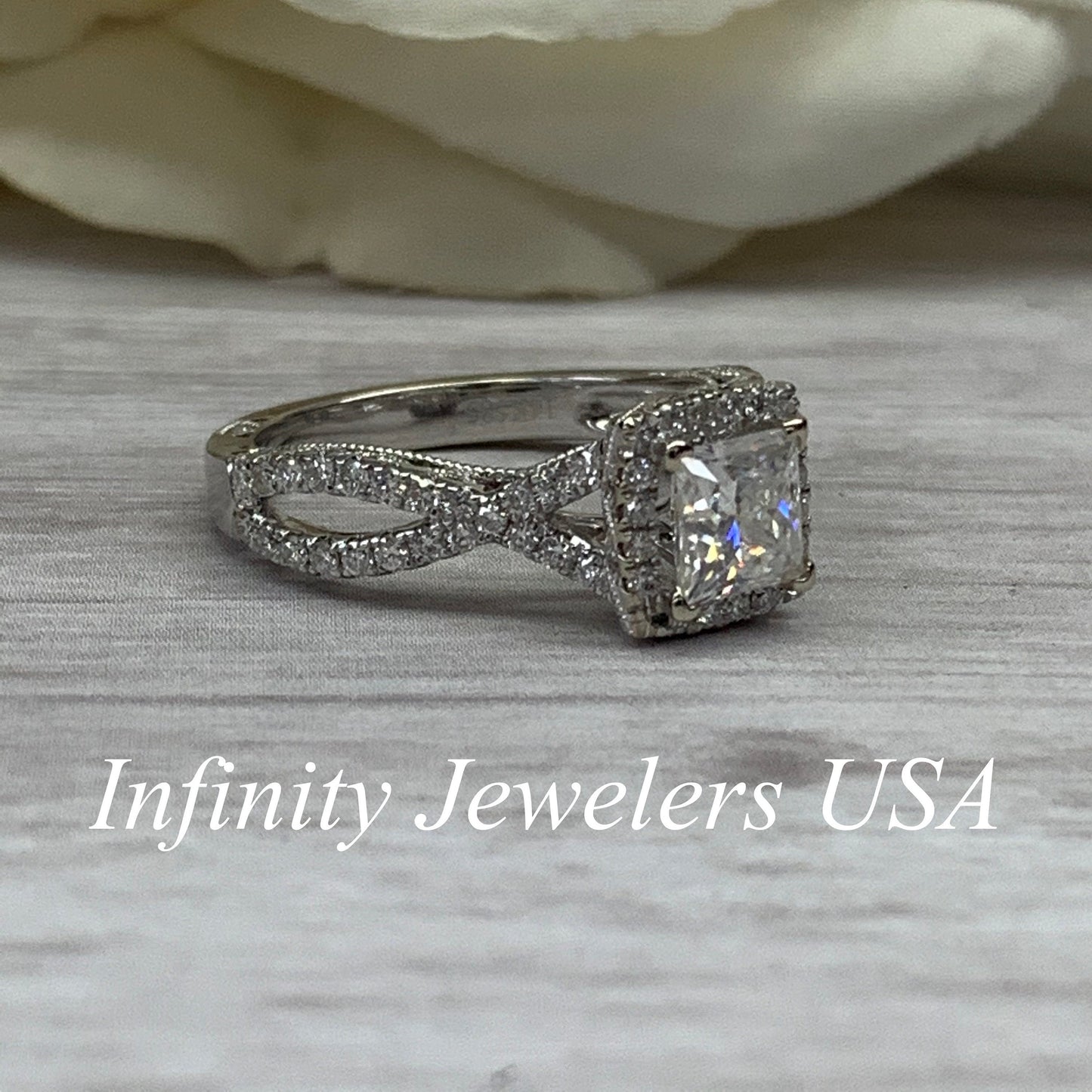 Moissanite Princess Cut Engagement Ring 14k Solid White Gold, Diamond Infinity Band, Vintage Moissanite And Diamond Halo Wedding Ring #6997