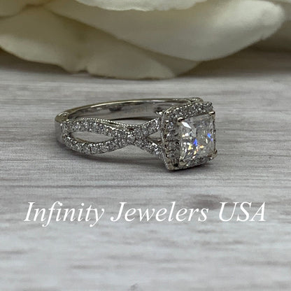 Moissanite Princess Cut Engagement Ring 14k Solid White Gold, Diamond Infinity Band, Vintage Moissanite And Diamond Halo Wedding Ring #6997