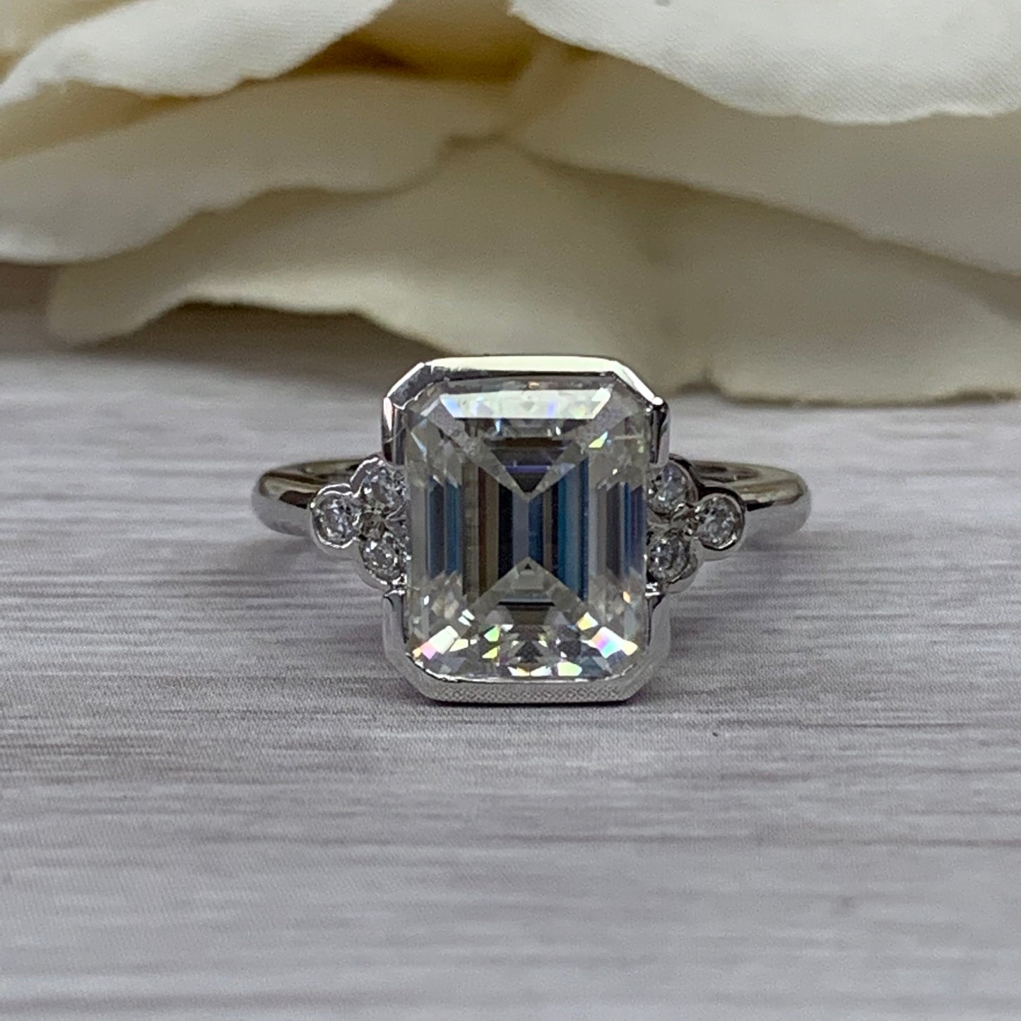 Moissanite Emerald Cut Engagement Ring, Bezel Set Engagement Ring, 14K White Gold Ring #6973 #6972