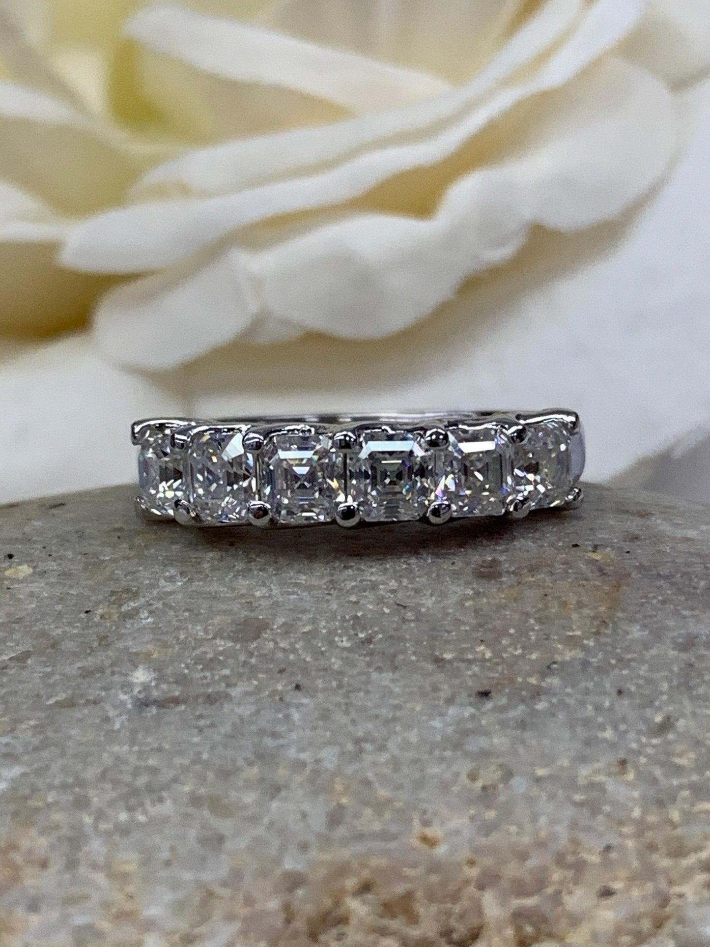 Certified Moissanite Engagement Ring / Asscher Cut Anniversary Band / Six Stone Moissanite Band / Ladies Band / 14k White Gold