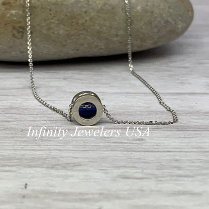 Round Blue Sapphire Floating Pendant Necklace, September Birthstone Sapphire Pendant, 14k Gold Blue Sapphire Round Bezel Necklace      #5871