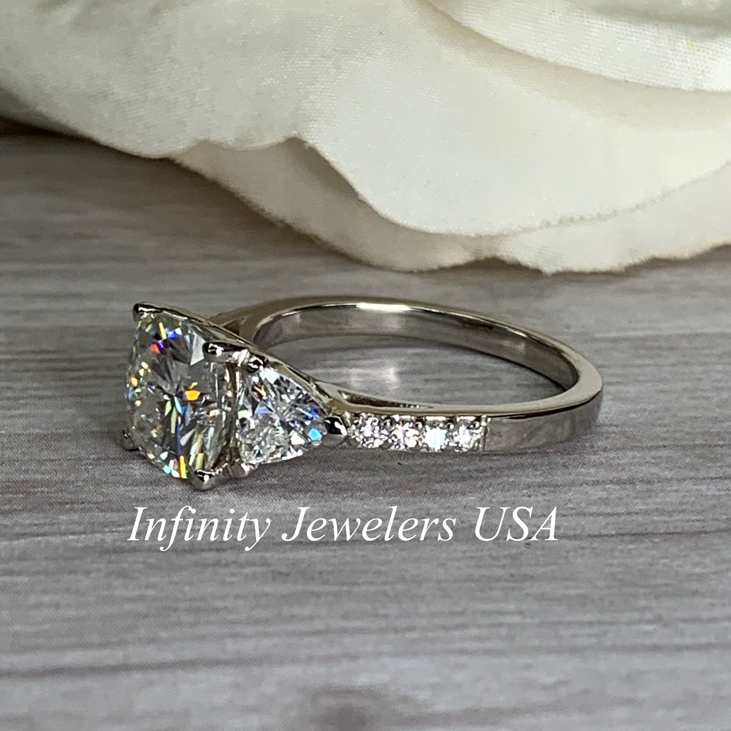 Moissanite Engagement Rings Cushion Cut 14k White Gold, #5253 Three Stone Moissanite Diamond Ring For Women, Vintage Unique Engagement Ring