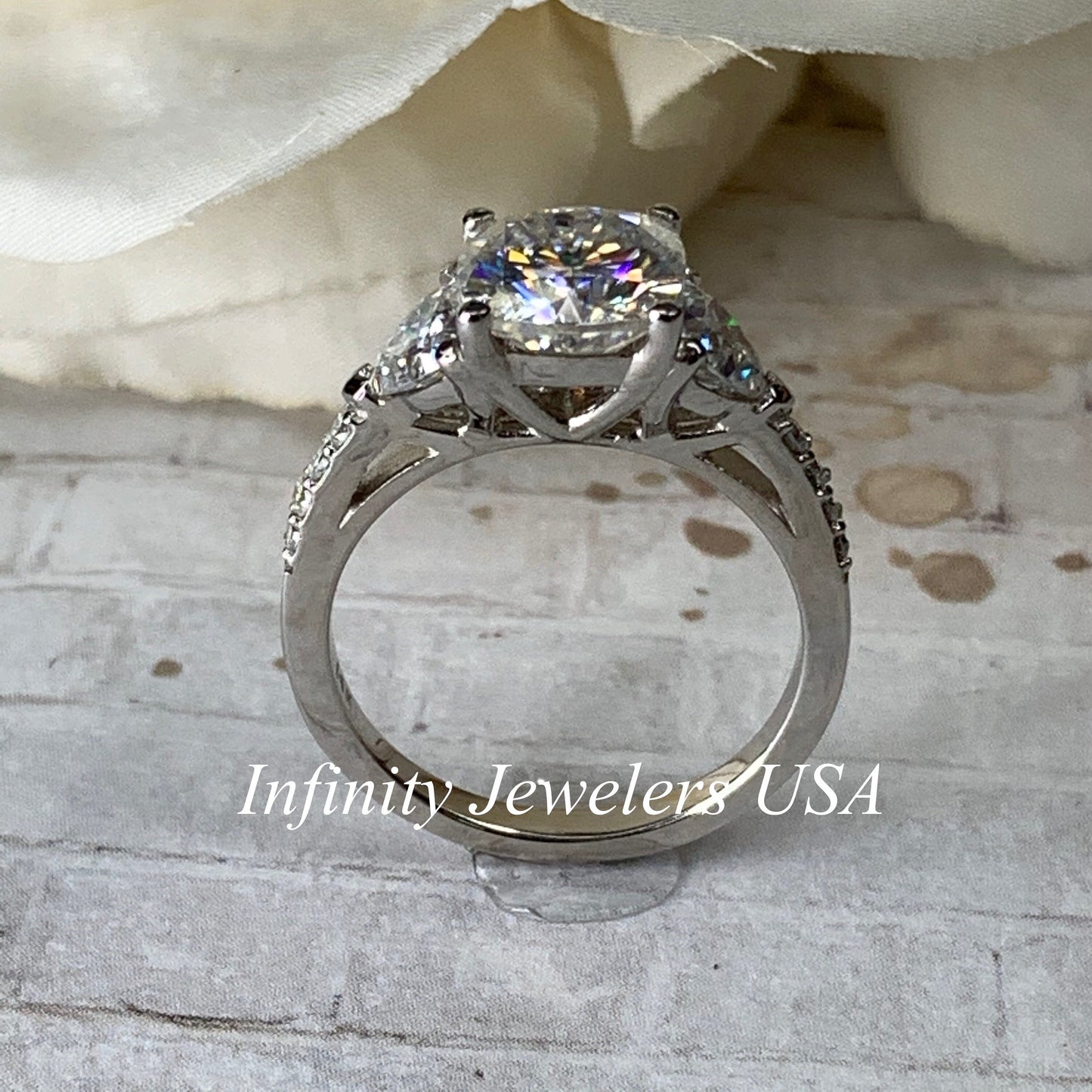Moissanite Engagement Rings Cushion Cut 14k White Gold, #5253 Three Stone Moissanite Diamond Ring For Women, Vintage Unique Engagement Ring